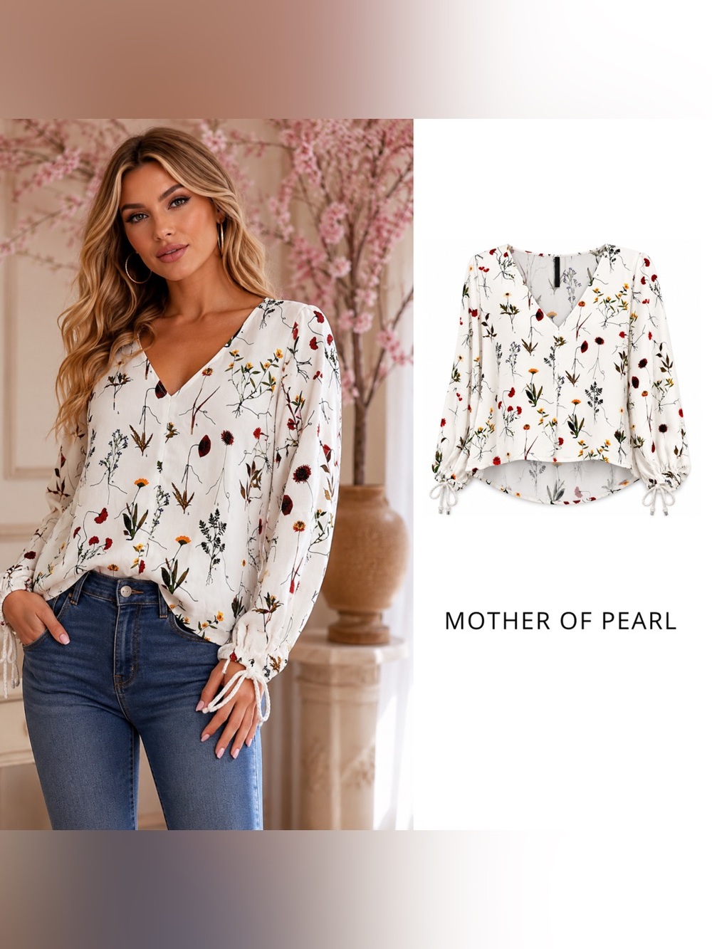 Mother of Pearl Cream Floral V-Neck Long Sleeve Blouse